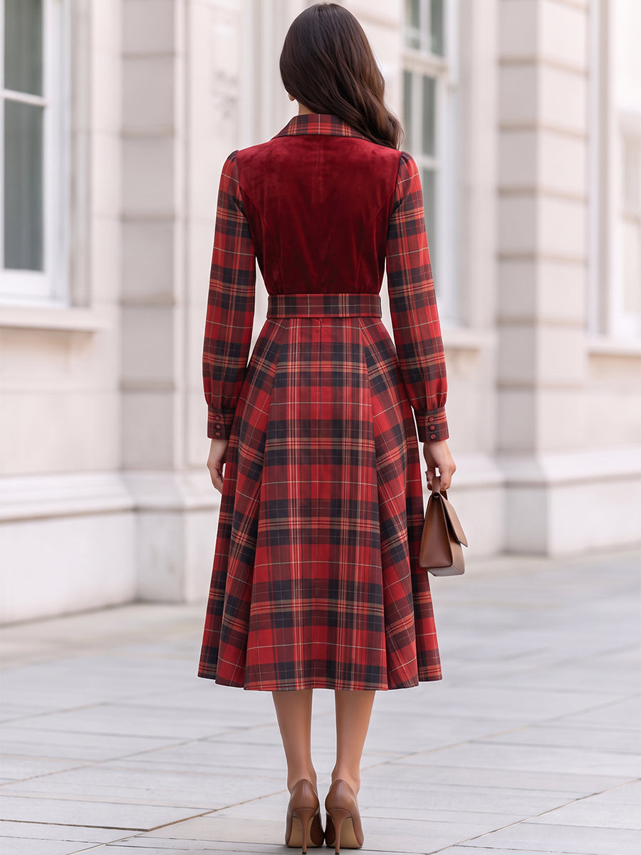 Zafren Red Tartan Velvet Midi Dress
