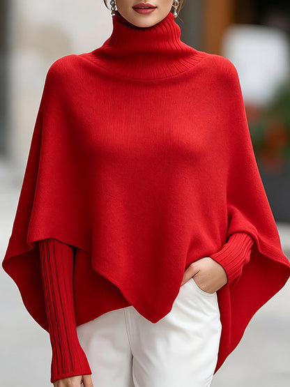 Zafren Red Turtleneck Asymmetric Poncho Sweater