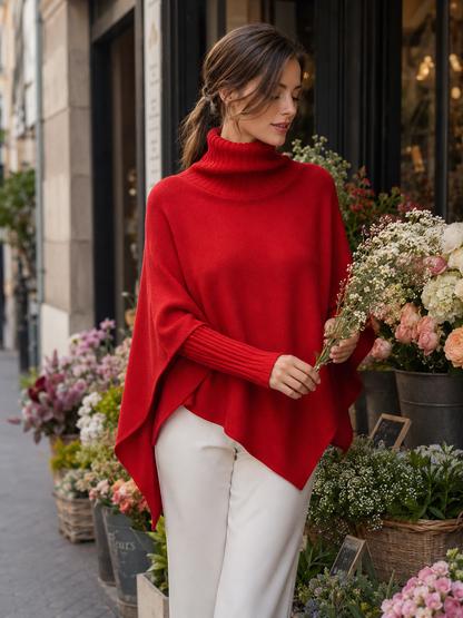 Zafren Red Turtleneck Asymmetric Poncho Sweater