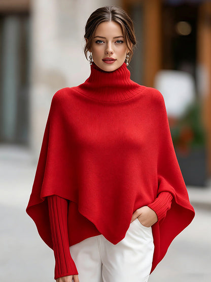 Zafren Red Turtleneck Asymmetric Poncho Sweater
