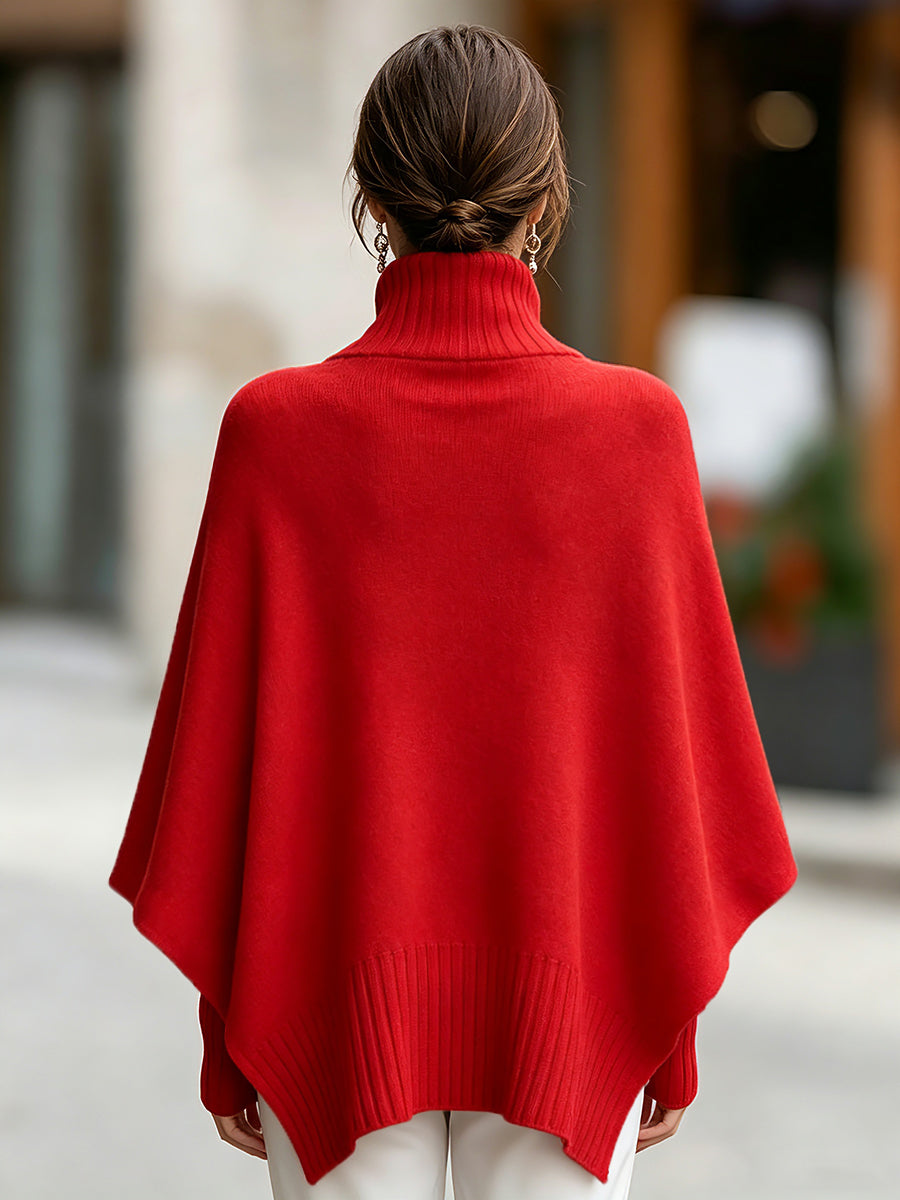 Zafren Red Turtleneck Asymmetric Poncho Sweater