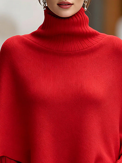 Zafren Red Turtleneck Asymmetric Poncho Sweater