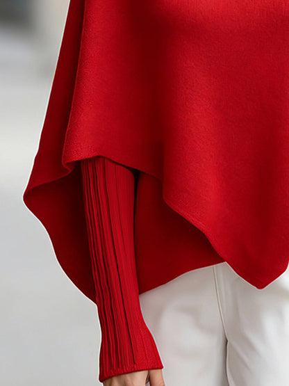 Zafren Red Turtleneck Asymmetric Poncho Sweater