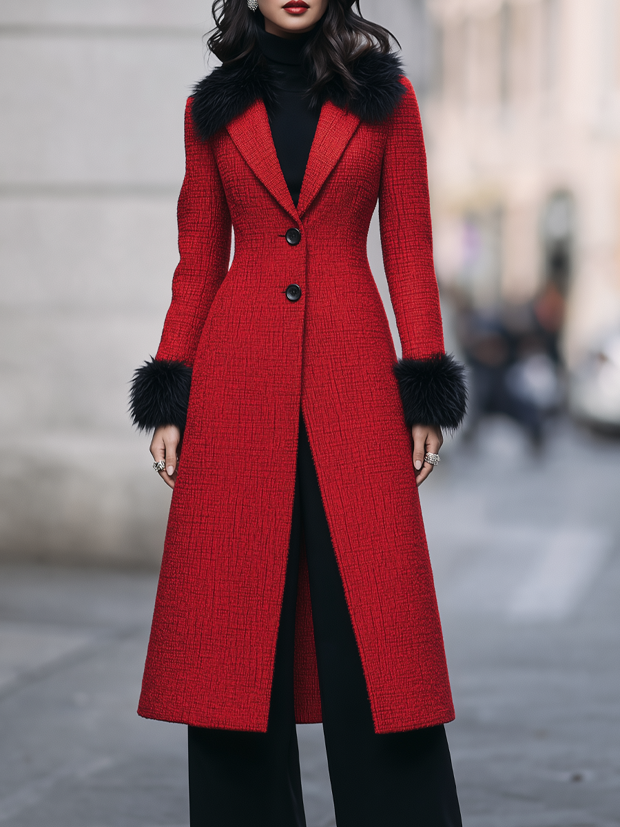 Cappotto rosso in tweed Zafren con profili in pelliccia