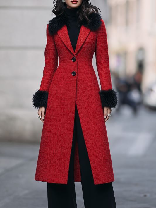 Zafren Red Tweed Fur-Trim Coat