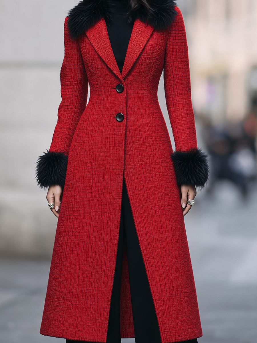 Cappotto rosso in tweed Zafren con profili in pelliccia