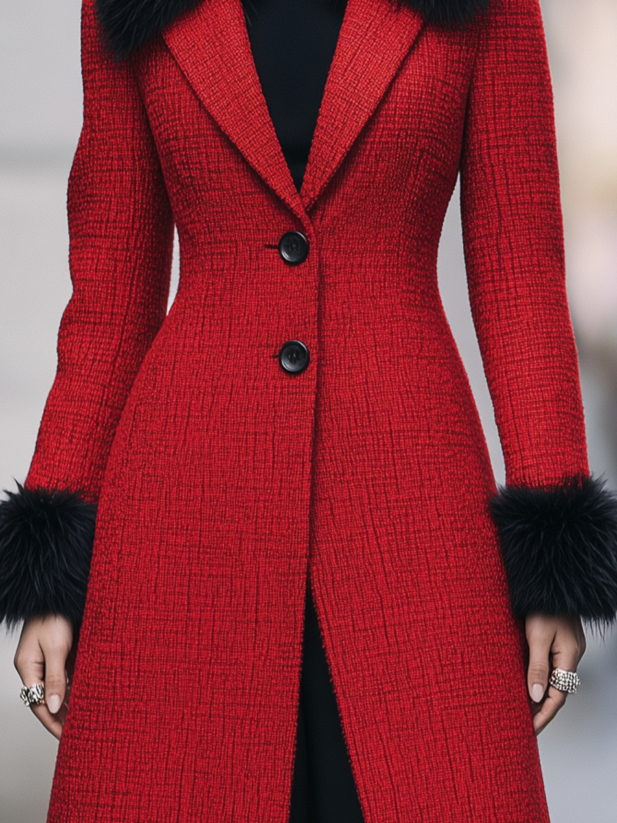 Cappotto rosso in tweed Zafren con profili in pelliccia