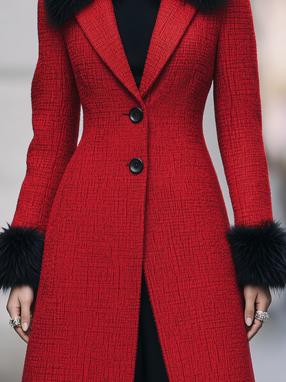 Cappotto rosso in tweed Zafren con profili in pelliccia
