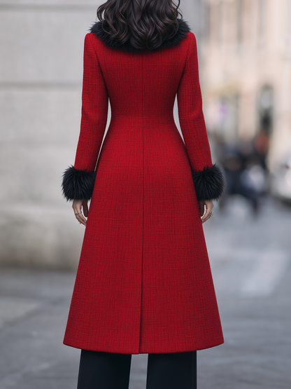 Cappotto rosso in tweed Zafren con profili in pelliccia