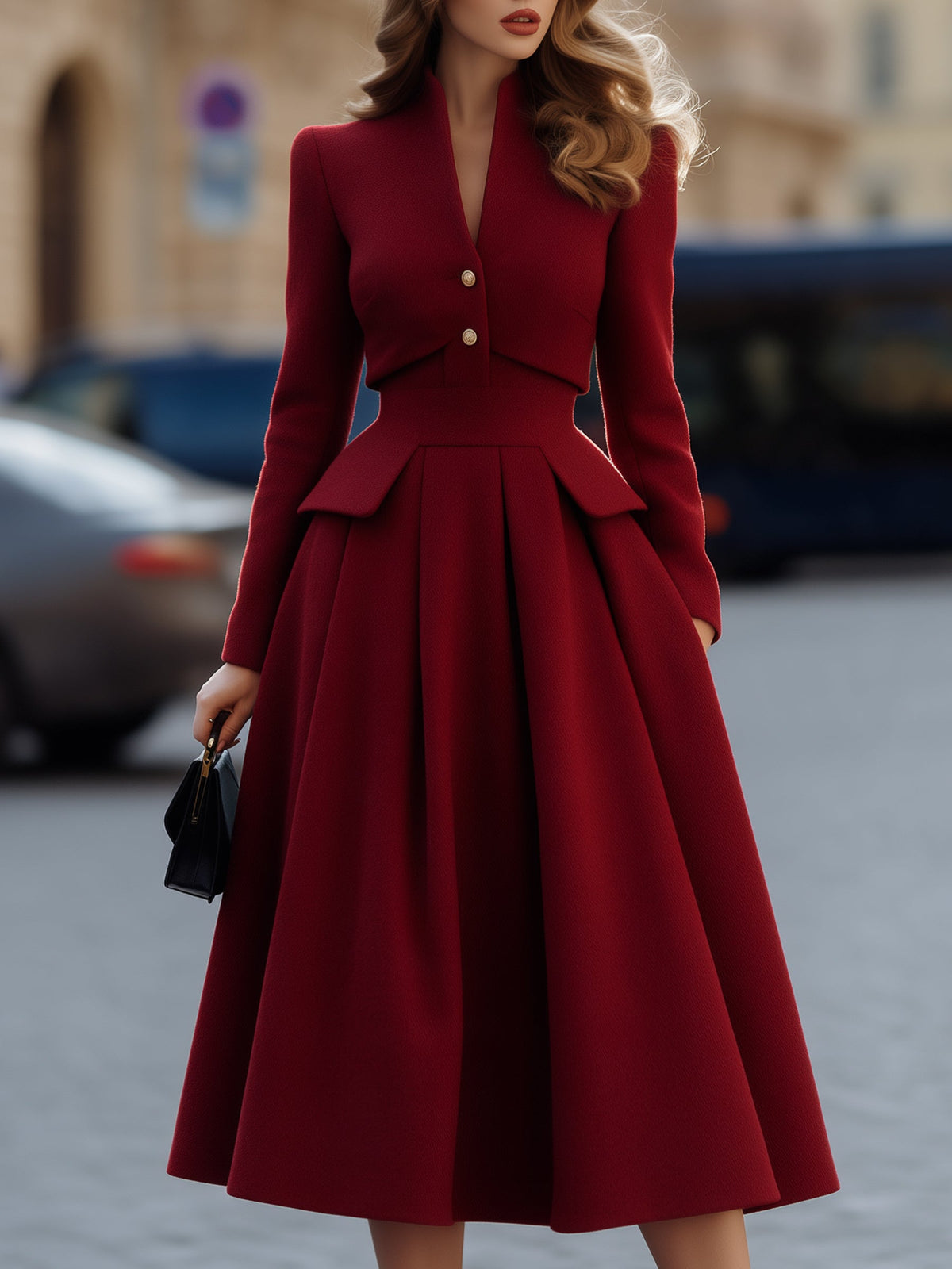 Zafren Red Wool Peplum Midi Dress