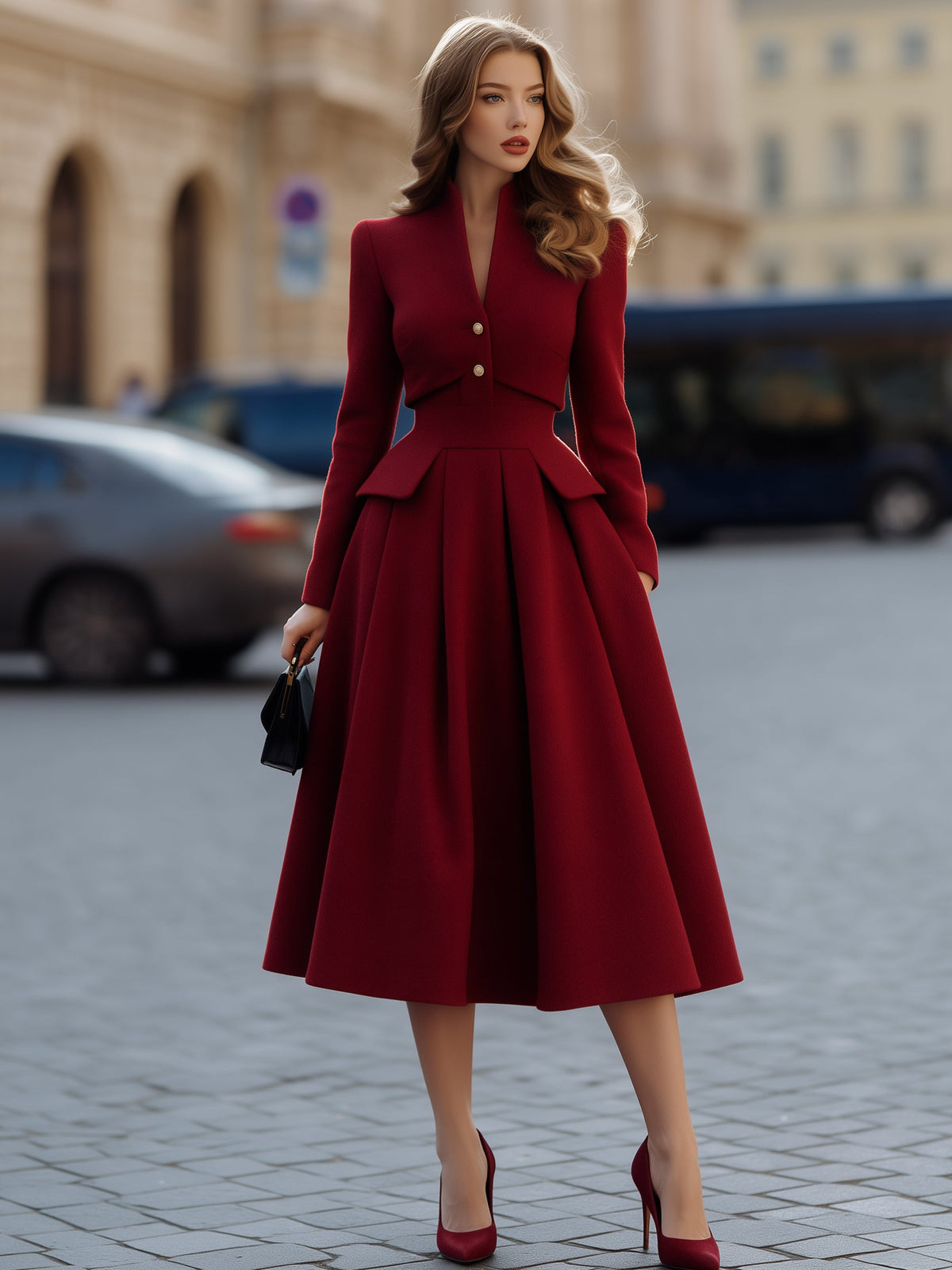 Zafren Red Wool Peplum Midi Dress