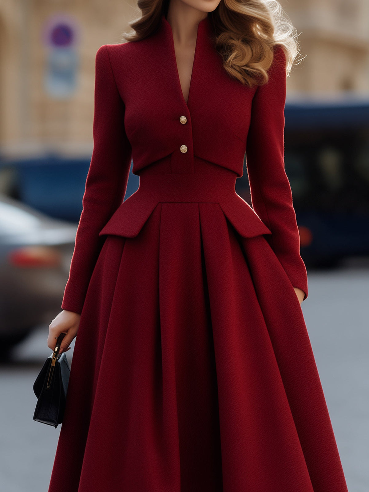 Zafren Red Wool Peplum Midi Dress