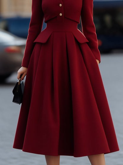Zafren Red Wool Peplum Midi Dress