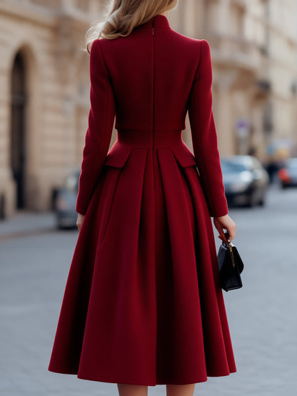 Zafren Red Wool Peplum Midi Dress