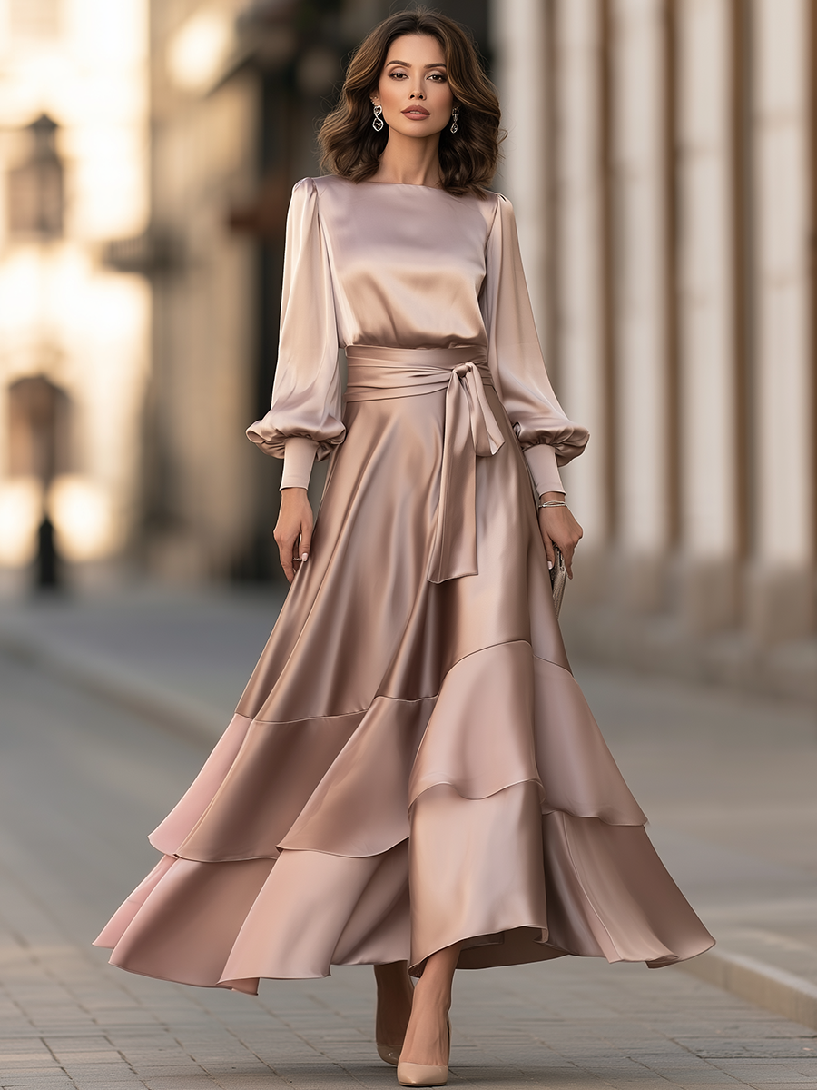 Robe longue Zafren rose en satin à volants étagés