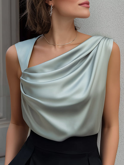 Zafren Sage Draped Neck Satin Blouse