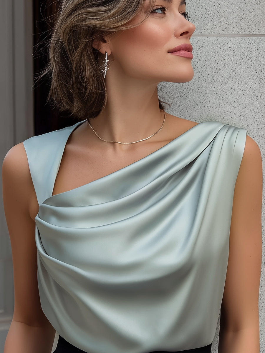 Zafren Sage Draped Neck Satin Blouse
