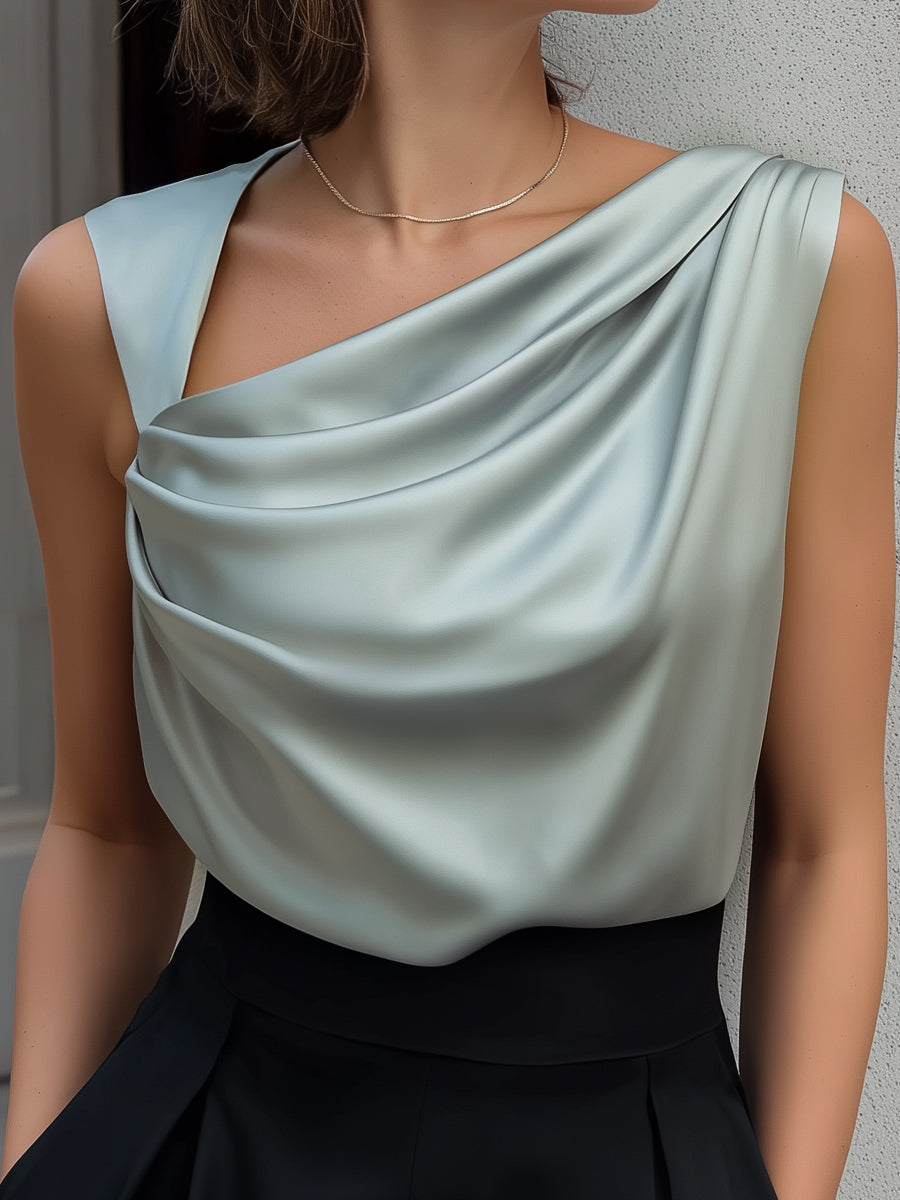 Zafren Sage Draped Neck Satin Blouse