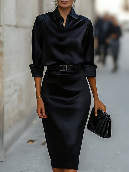 Zafren Satin Cowl Collar Midi Dress