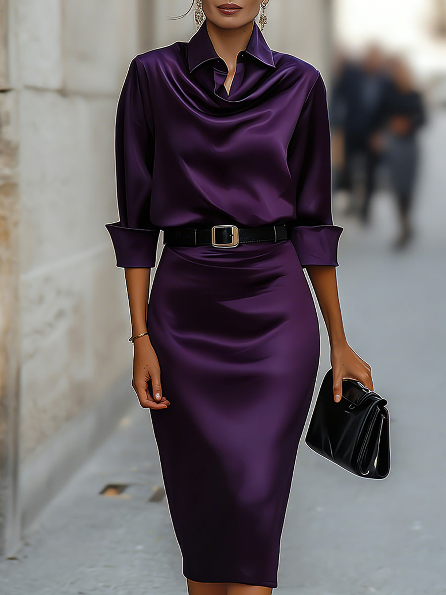 Zafren Satin Cowl Collar Midi Dress