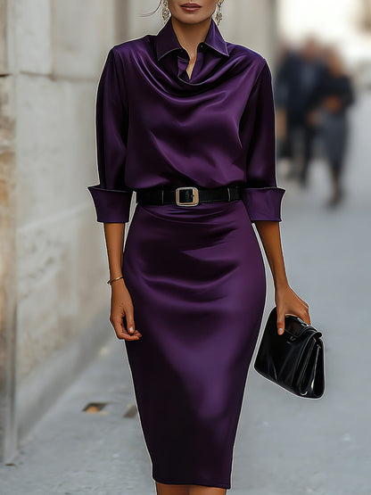 Zafren Satin Cowl Collar Midi Dress