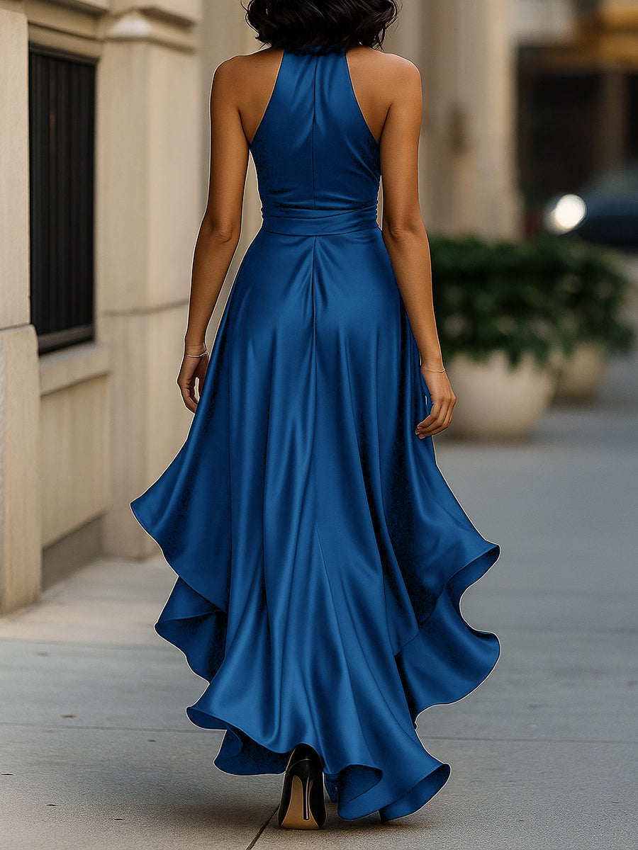 Zafren Satin Halter Ruffle Maxi Dress