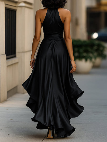 Zafren Satin Halter Ruffle Maxi Dress
