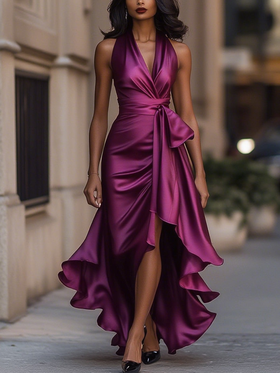 Zafren Satin Halter Ruffle Maxi Dress
