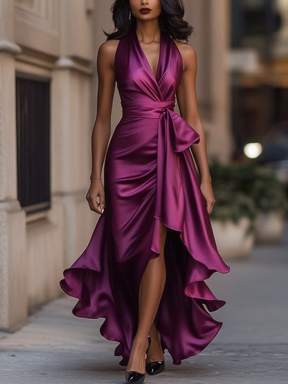 Zafren Satin Halter Ruffle Maxi Dress