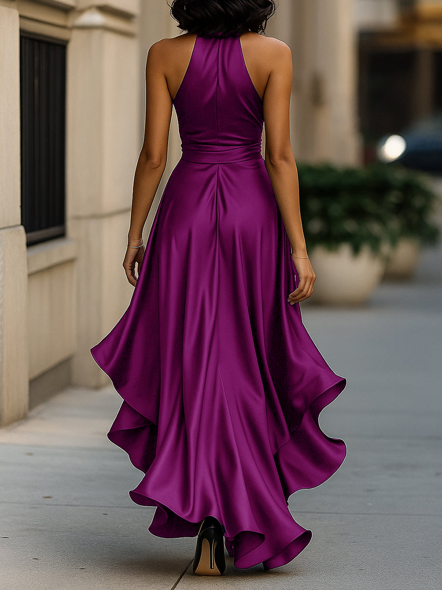 Zafren Satin Halter Ruffle Maxi Dress