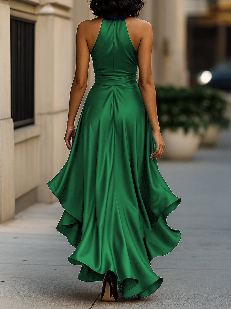 Zafren Satin Halter Ruffle Maxi Dress
