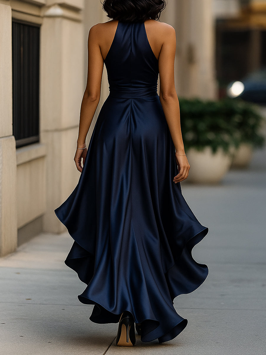Zafren Satin Halter Ruffle Maxi Dress