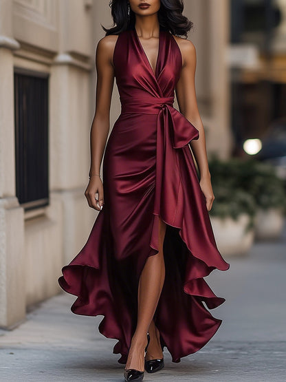 Zafren Satin Halter Ruffle Maxi Dress