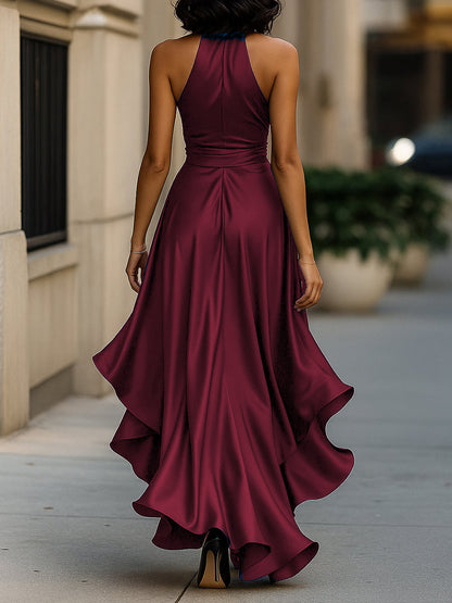Zafren Satin Halter Ruffle Maxi Dress