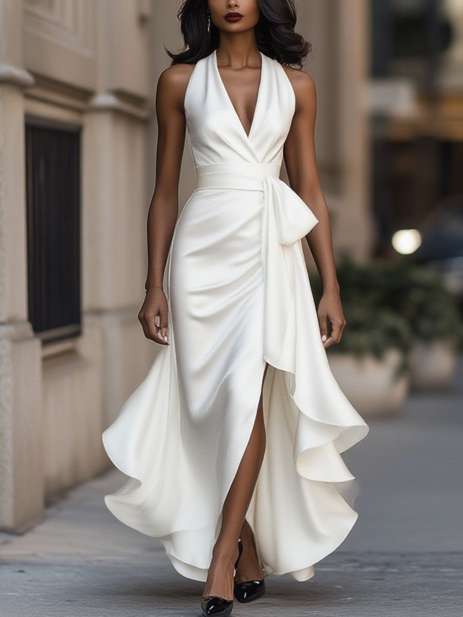 Zafren Satin Halter Ruffle Maxi Dress