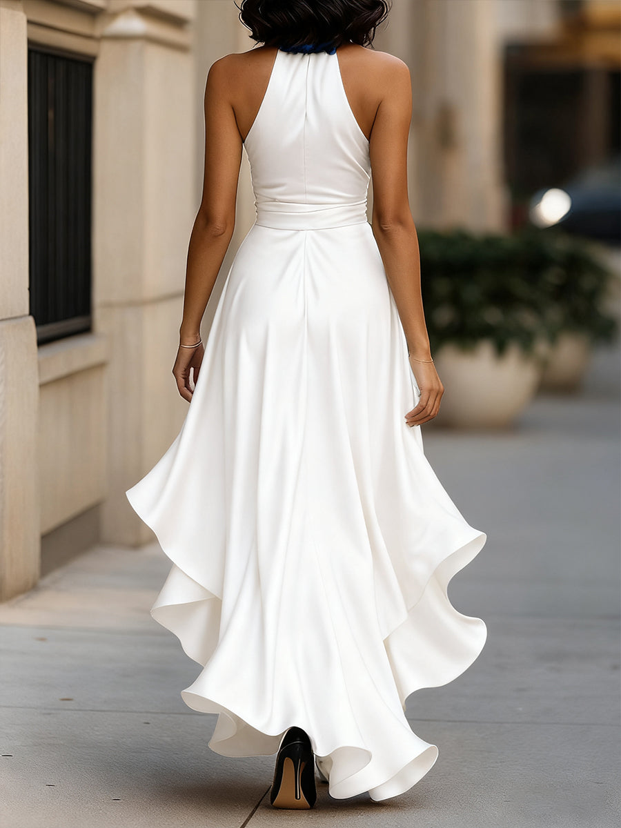 Zafren Satin Halter Ruffle Maxi Dress