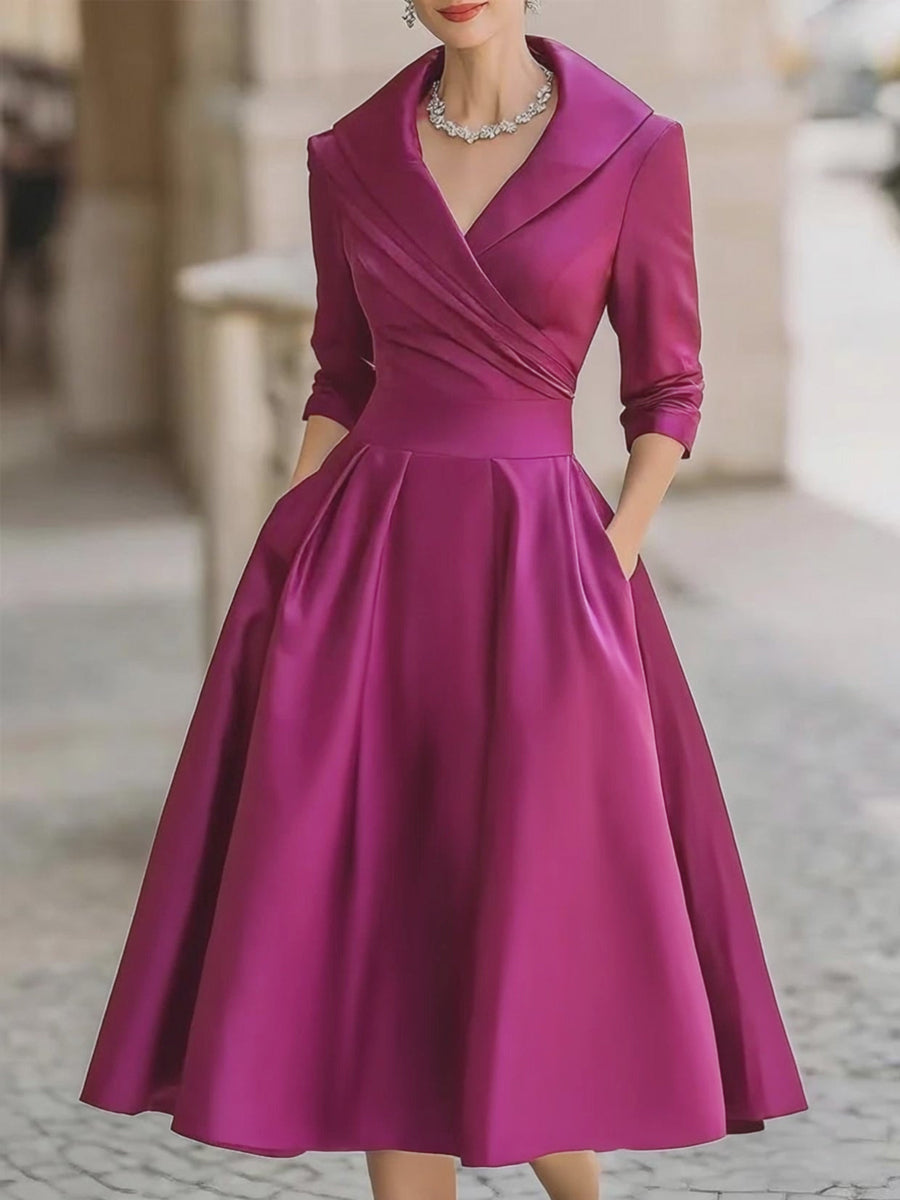 Zafren Satin Shawl Collar Midi Dress