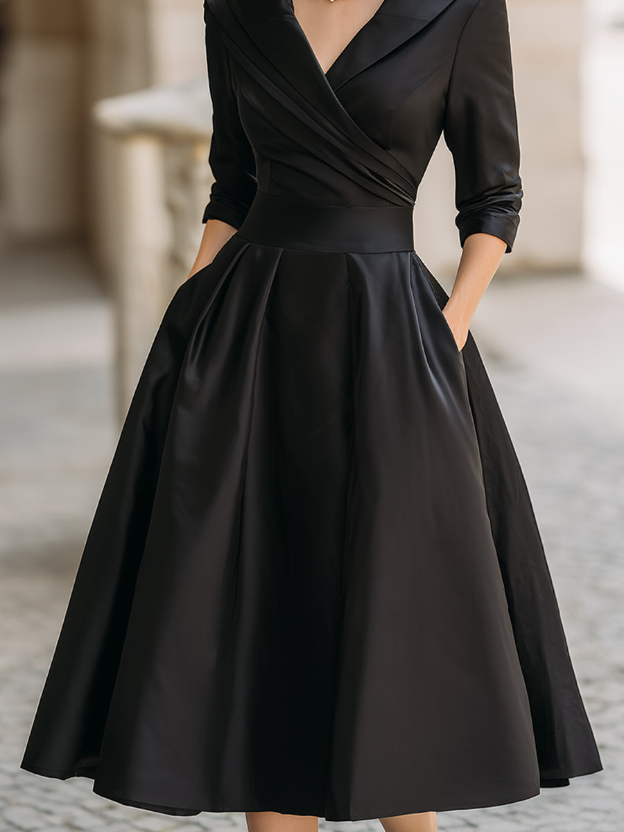 Zafren Satin Shawl Collar Midi Dress