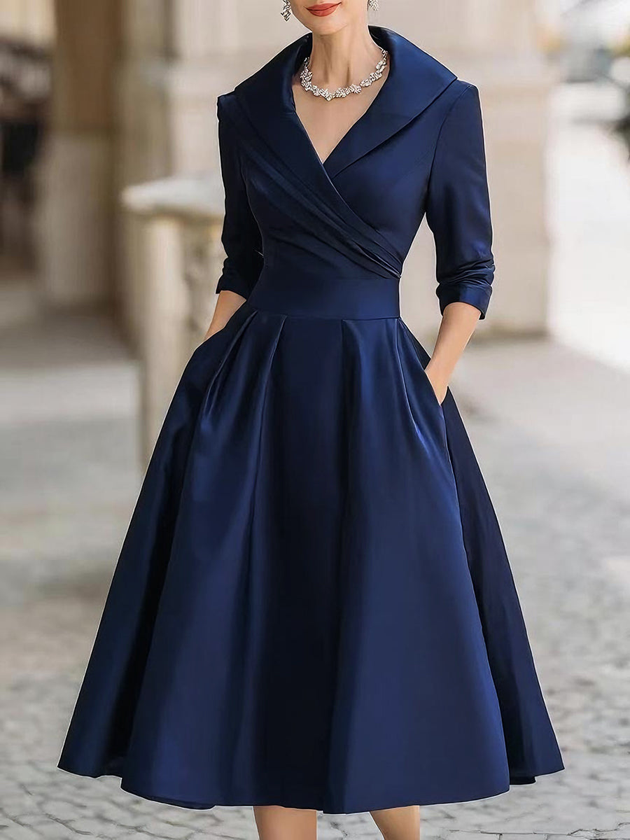 Zafren Satin Shawl Collar Midi Dress