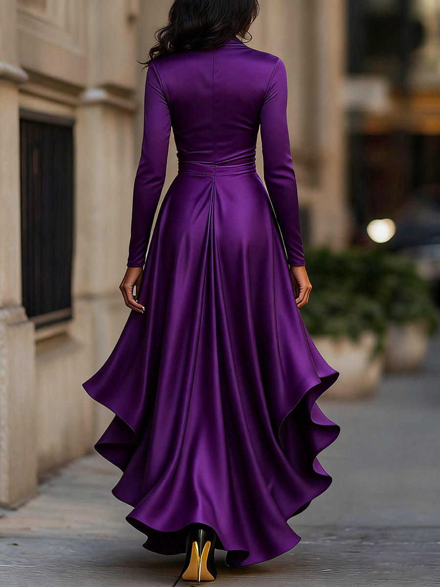 Zafren Satin Wrap Ruffle Maxi Dress