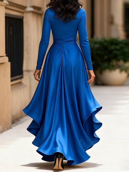 Zafren Satin Wrap Ruffle Maxi Dress