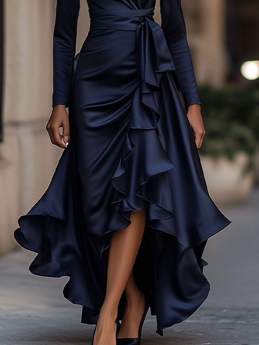 Zafren Satin Wrap Ruffle Maxi Dress