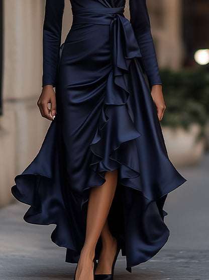Zafren Satin Wrap Ruffle Maxi Dress