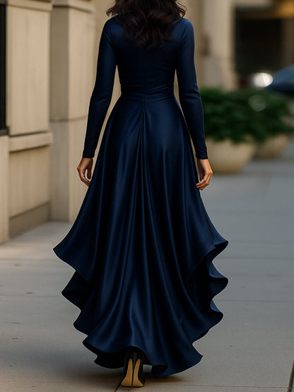 Zafren Satin Wrap Ruffle Maxi Dress