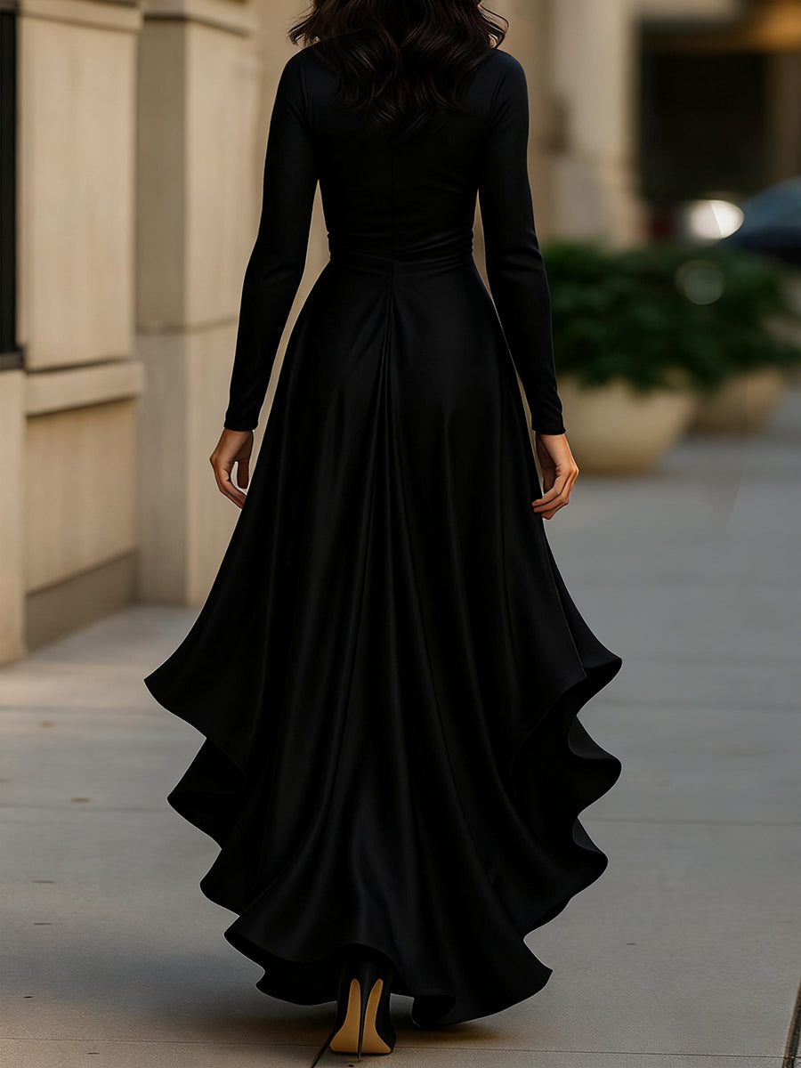 Zafren Satin Wrap Ruffle Maxi Dress