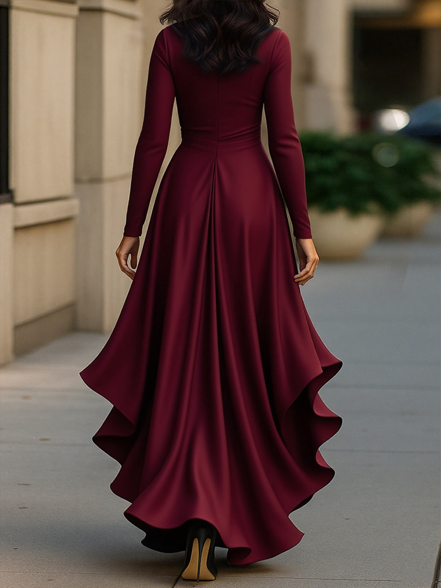 Zafren Satin Wrap Ruffle Maxi Dress