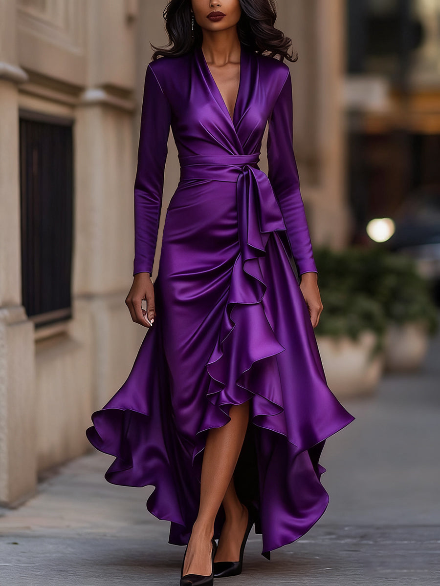 Zafren Satin Wrap Ruffle Maxi Dress