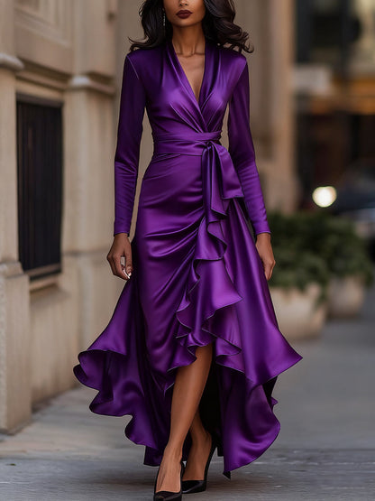 Zafren Satin Wrap Ruffle Maxi Dress