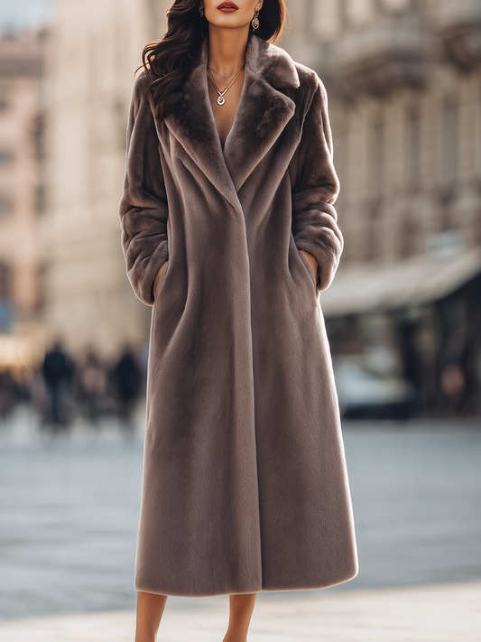 Zafren Taupe Faux Fur Long Coat