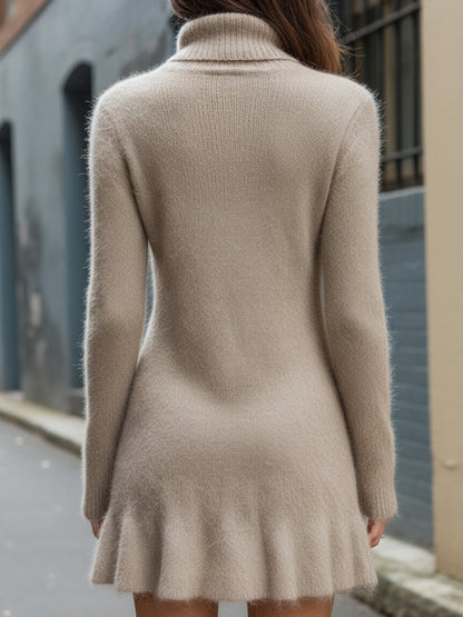 Zafren Taupe Fuzzy Turtleneck Mini Dress